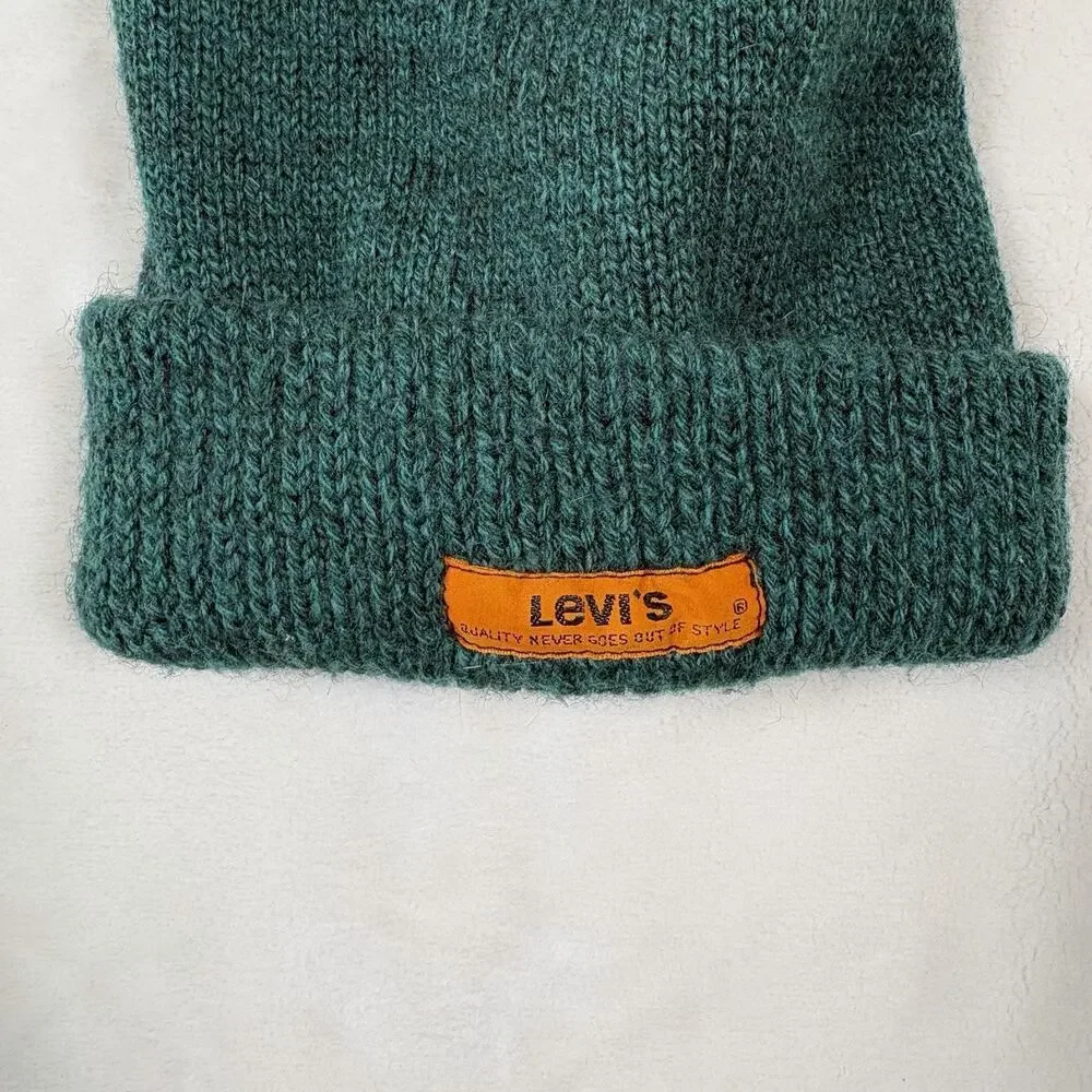 Levi's Green Knit Beanie Hat Cuffed Logo Patch Winter Cap Unisex